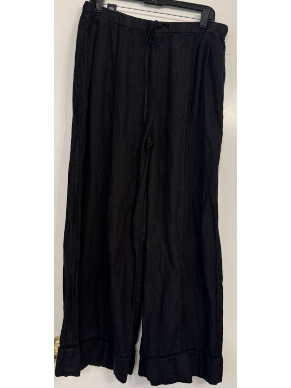 Zara Women Linen Black Wide Leg Pull On Large Pants Split Open Knit Crochet Hem - Picture 9 of 12